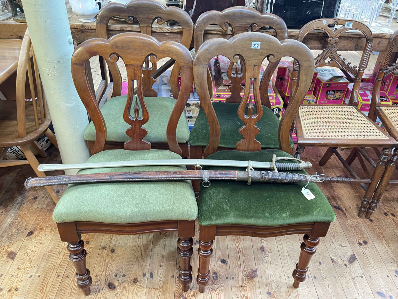 Set of four Victorian mahogany turned leg dining chairs.