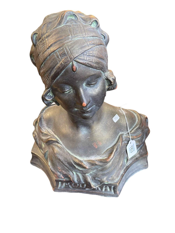 Ornate bronzed lady bust, 44cm high.