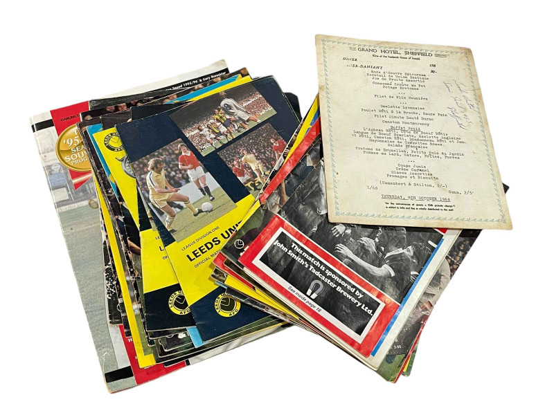 Grand Hotel Sheffield October 1964 signed menu by Leeds United football team (semi final v Man Utd), together with assorted football programmes.