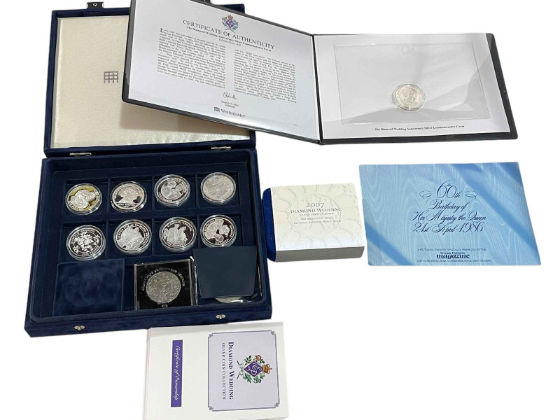 Collection of silver coins and others inc 2007 Diamond Wedding silver proof crown in box with COA, Diamond Wedding silver coin collection (8) capsulated silver with COAs and Westminster leatherette L/E silver Wedding coin cover, etc.