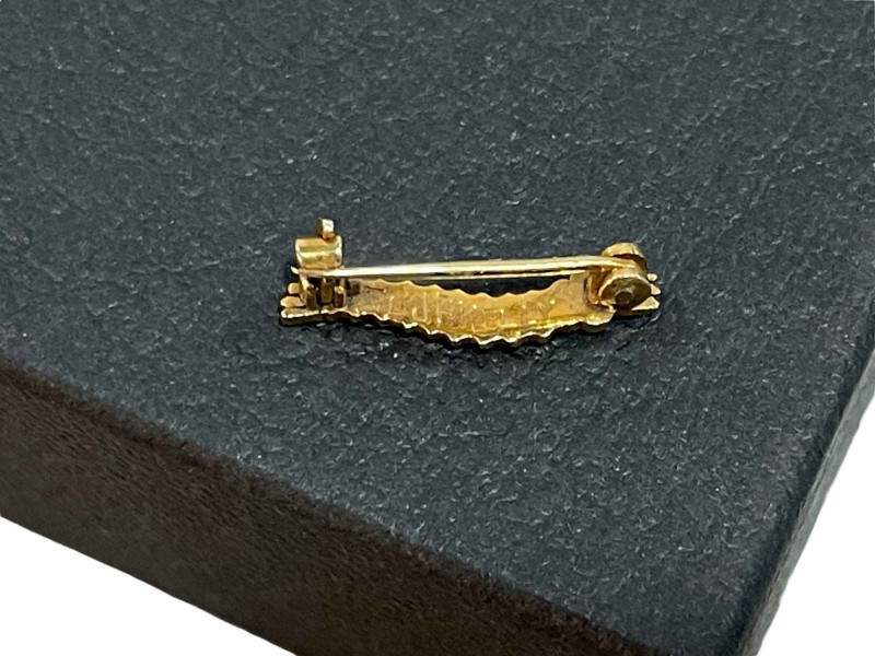 A WWII caterpillar club brooch in gold?, ruby/garnet cabochon set eyes, engraved to the reverse 'P/L. J. P. KELLY', with a secured pin clasp. Pilot unknown, no such record. No certificate.