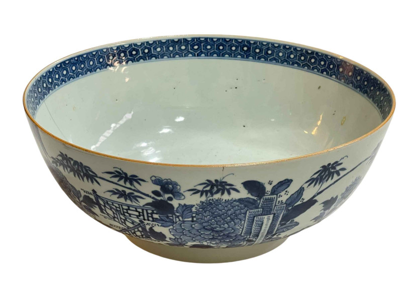 Antique Chinese porcelain bowl with blue and white floral decoration, 32cm diameter.