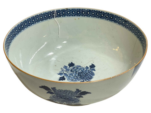 Antique Chinese porcelain bowl with blue and white floral decoration, 32cm diameter. thumbnail