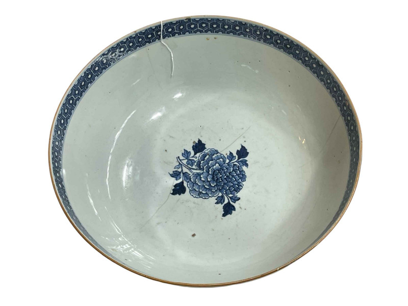 Antique Chinese porcelain bowl with blue and white floral decoration, 32cm diameter.