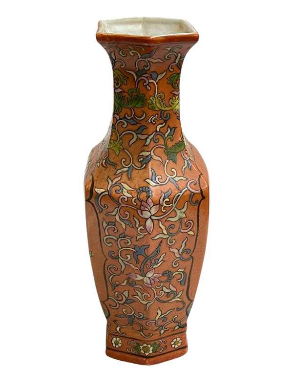 Large Chinese pottery vase decorated with bird and floral decoration on orange ground, Jiangqing mark to base, 36cm.