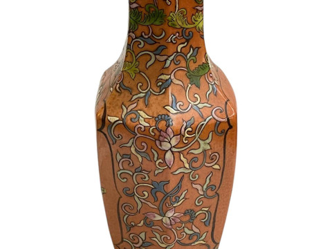 Large Chinese pottery vase decorated with bird and floral decoration on orange ground, Jiangqing mark to base, 36cm. thumbnail