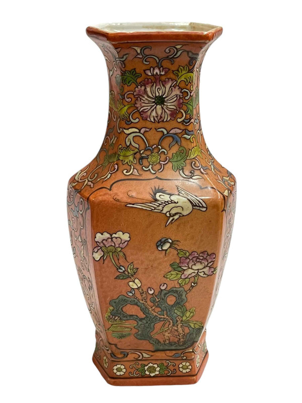 Large Chinese pottery vase decorated with bird and floral decoration on orange ground, Jiangqing mark to base, 36cm.