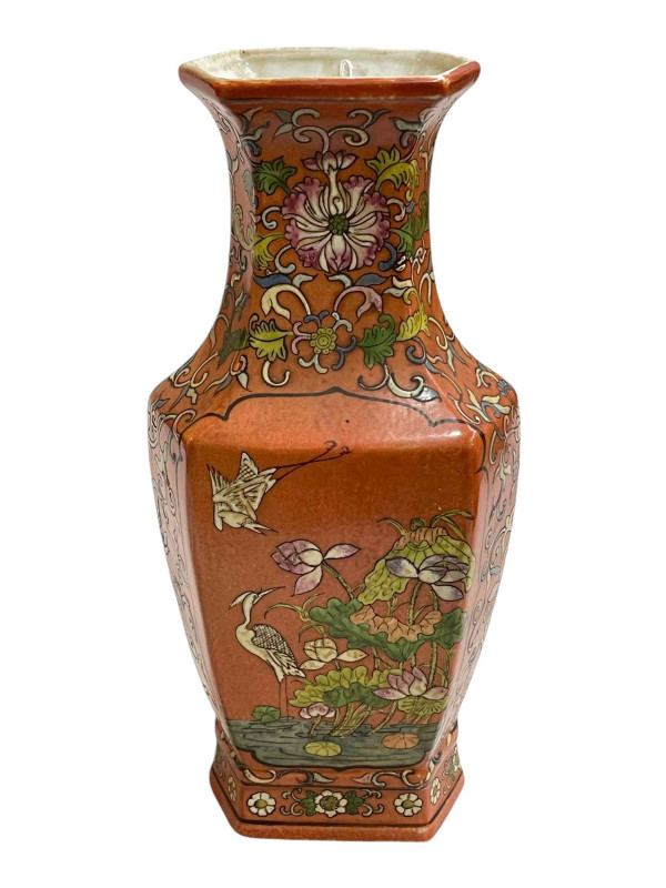Large Chinese pottery vase decorated with bird and floral decoration on orange ground, Jiangqing mark to base, 36cm.