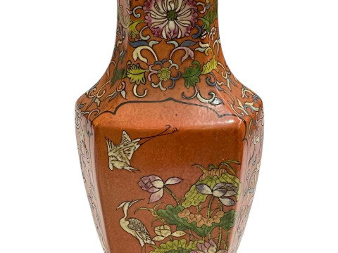 Large Chinese pottery vase decorated with bird and floral decoration on orange ground, Jiangqing mark to base, 36cm. thumbnail