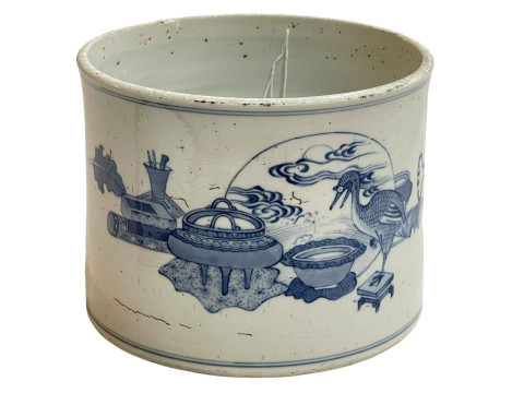 Large Chinese blue and white brush pot decorated with figures in landscape, 16cm & 21cm. thumbnail
