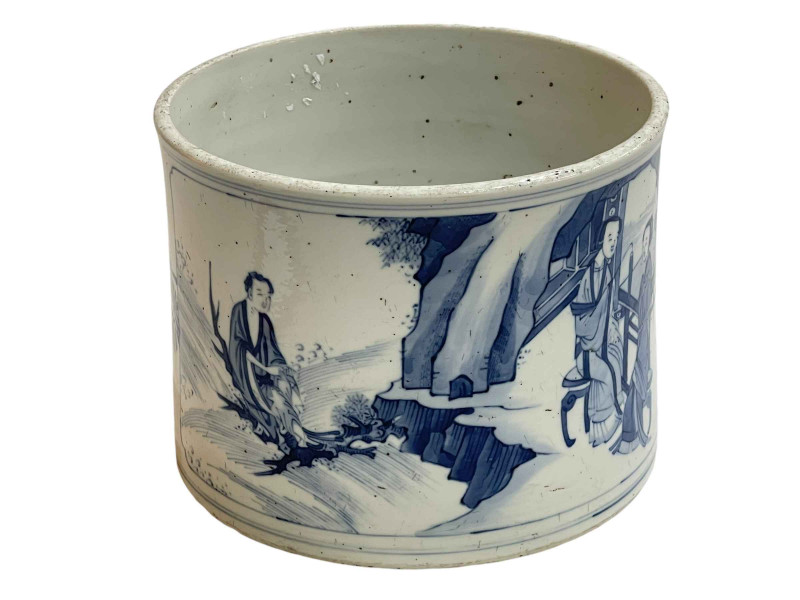 Large Chinese blue and white brush pot decorated with figures in landscape, 16cm & 21cm.