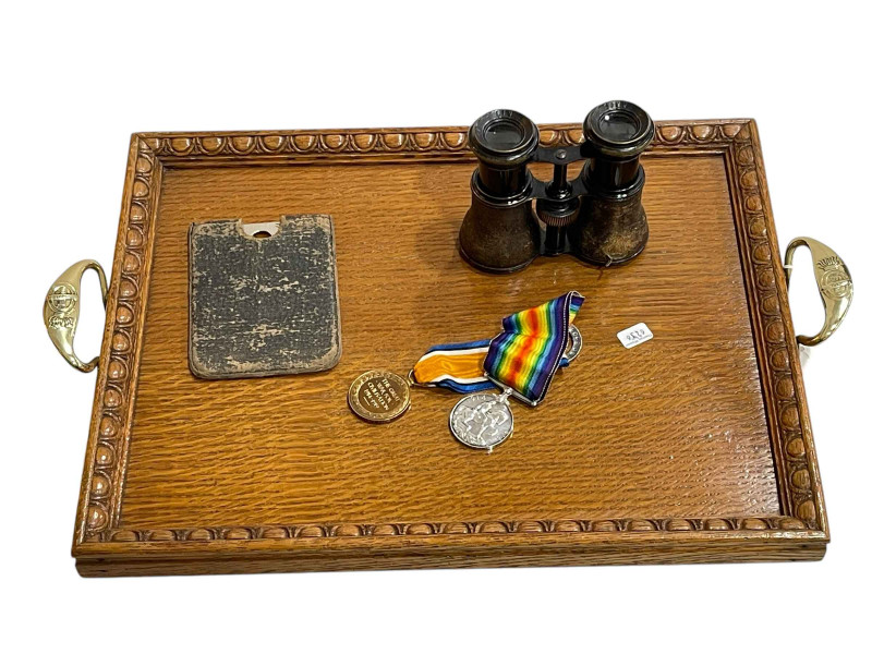 Oak two handled tray, Le Jockey Club Paris binoculars and two WWI medals for Private JC Spence K.O.Y.L.I., badge and mirror