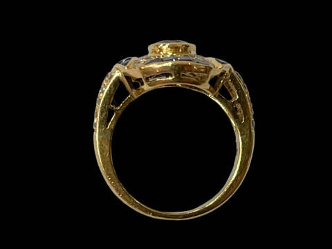 Fancy design multi sapphire and diamond cluster ring in yellow gold (marks worn), size O. thumbnail