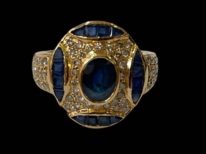 Fancy design multi sapphire and diamond cluster ring in yellow gold (marks worn), size O.