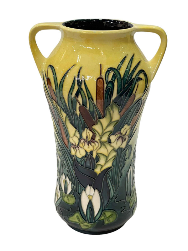 Moorcroft Pottery Lamia two handled vase designed by Rachel Bishop, dated 19/04/03, 26cm, boxed.