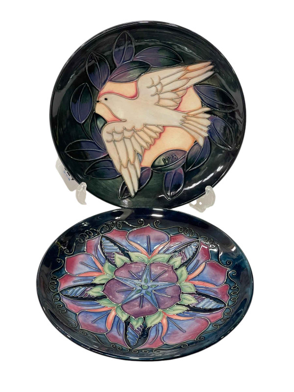 Moorcroft Pottery Dove 1993 year plate designed by Sally Tuffin, 22cm diameter 263/500, and Moorcroft Pottery Morning Glory 1996 year plate designed by Rachel Bishop, 22cm diameter, 254/500, boxed.