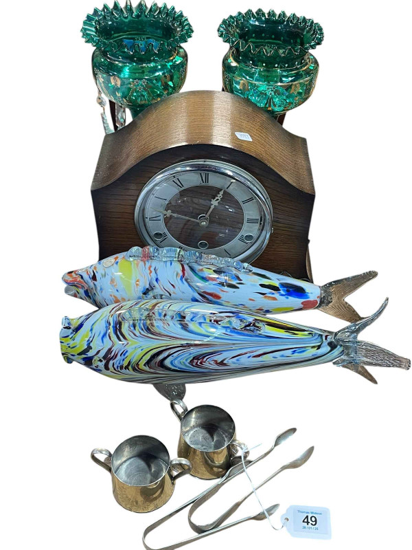 Near Pair of Victorian glass lustres, two glass fish, mantel clock, EPNS wares, etc.