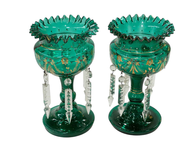 Near Pair of Victorian glass lustres, two glass fish, mantel clock, EPNS wares, etc.