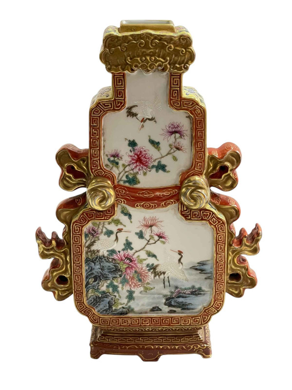 Ornate Chinese famille rose vase with bird and floral decoration, gilt stamp to base, 23cm.