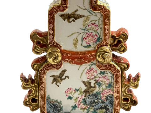 Ornate Chinese famille rose vase with bird and floral decoration, gilt stamp to base, 23cm. thumbnail