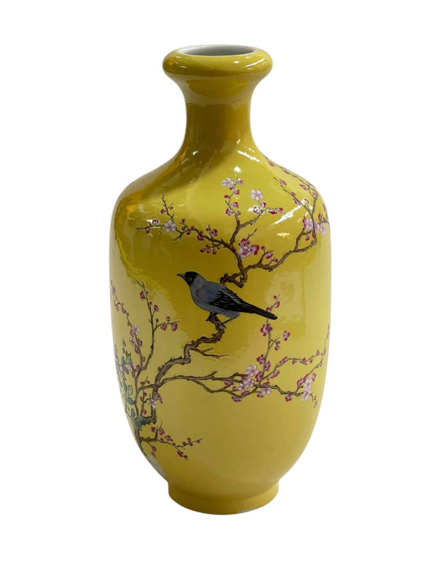 Chinese vase decorated with bird on branch on yellow ground with four character mark, 24cm.