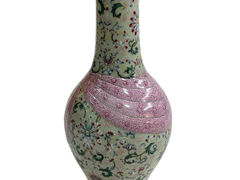 Chinese Famille Rose vase with bird and floral decoration with iron red mark to base, 29cm. thumbnail