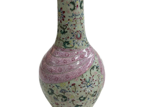 Chinese Famille Rose vase with bird and floral decoration with iron red mark to base, 29cm. thumbnail