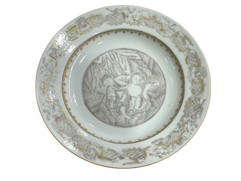 Chinese pottery plate decorated with figures and floral and gilt border, 22cm.
