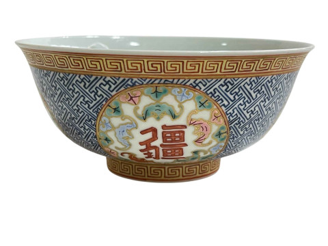 Small Chinese bowl with blue and white geometric and floral panel design, red seal mark to base, 15cm. thumbnail