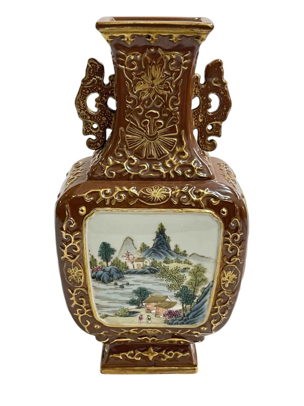 Chinese two handle vase decorated with landscape and verse panels on brown and gilt ground, impressed mark, 20cm.