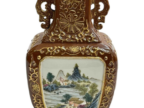 Chinese two handle vase decorated with landscape and verse panels on brown and gilt ground, impressed mark, 20cm. thumbnail