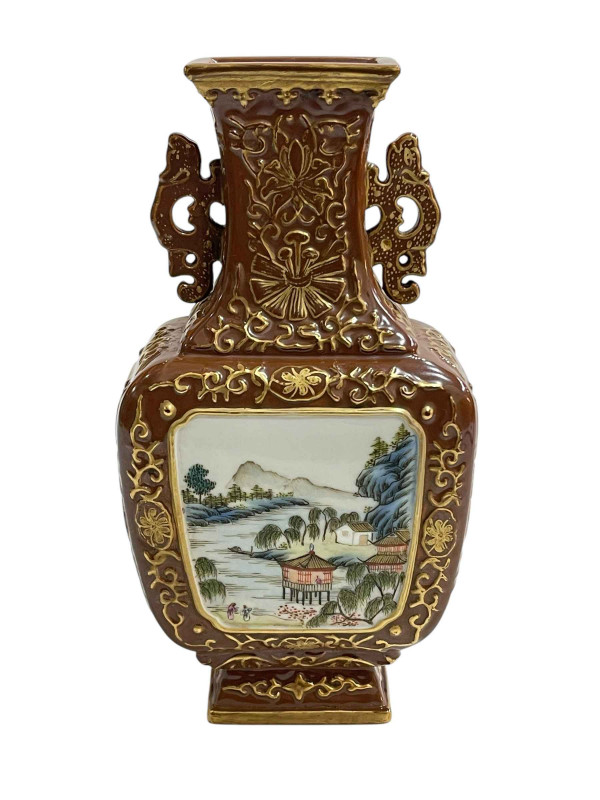 Chinese two handle vase decorated with landscape and verse panels on brown and gilt ground, impressed mark, 20cm.
