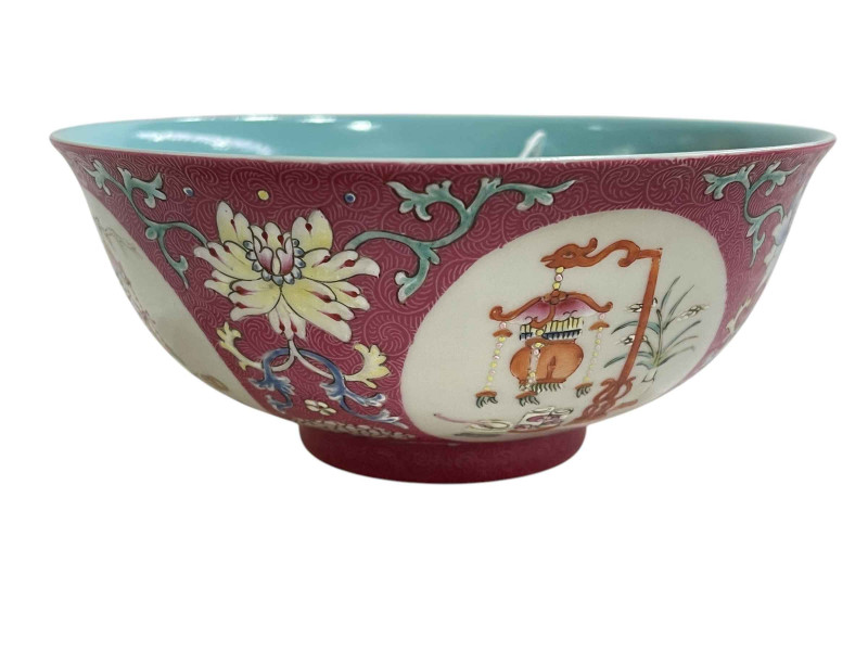 Chinese famille rose bowl with panel and floral decoration and blue interior, blue stamp to base, 15cm diameter.