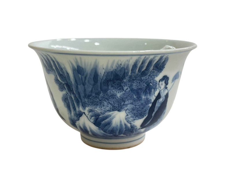 Chinese blue and white bowl decorated with figures in landscape, six character mark to base.