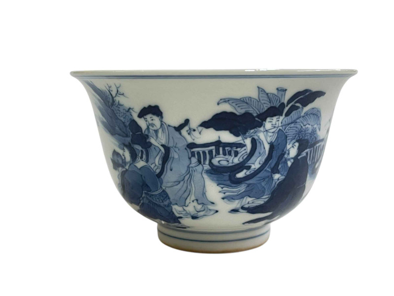 Chinese blue and white bowl decorated with figures in landscape, six character mark to base.