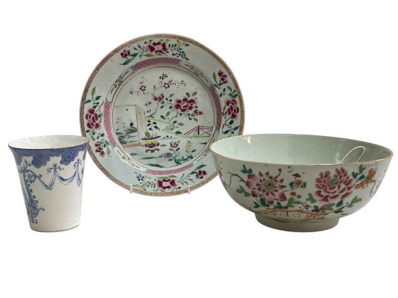 18th Century Chinese Famille Rose plate and bowl and Royal Crown Derby blue and white beaker.