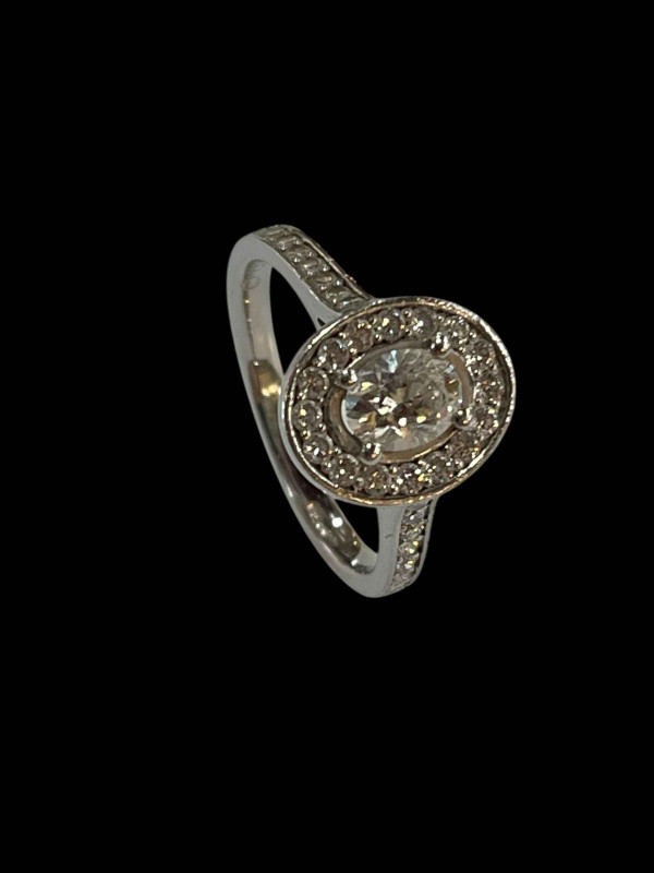 Platinum and diamond cluster ring, the central oval diamond 0.48 carats bordered by sixteen brilliant cut diamonds and further fourteen set into the shoulders, total diamond weight 0.90 carats, size K.