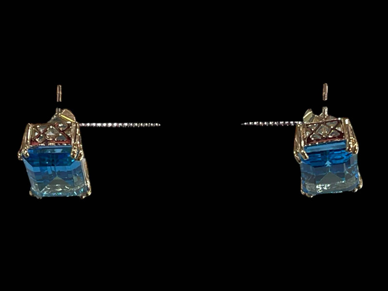 Pair of 9 carat gold Swiss blue topaz rectangular earrings, topaz 16.20 carats.
