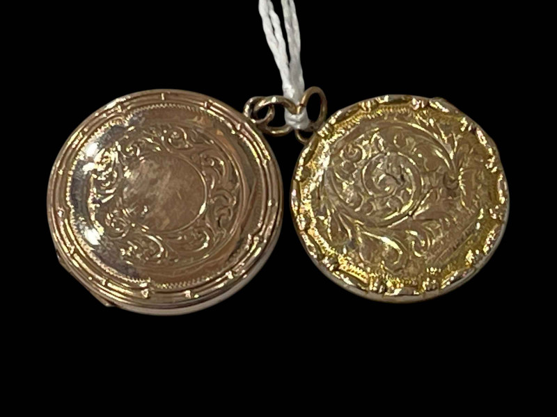 Two 9 carat gold engraved locket pendants.