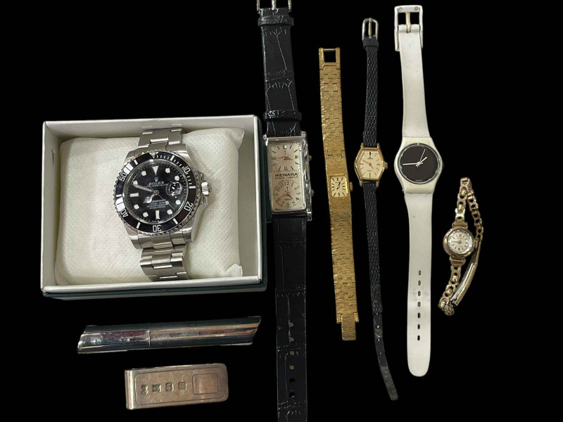 Six wristwatches, silver money clip and toothpick case (8).