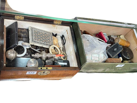 Two boxes of collectables including card and snuff boxes, etc.