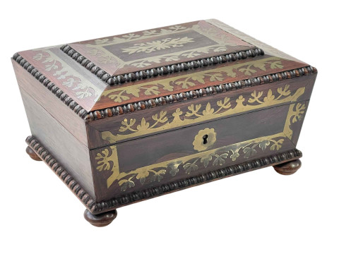 19th Century brass inlaid rosewood work box, 21cm wide.