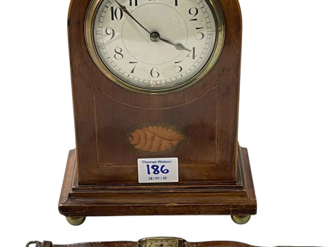 WITHDRAWN    Inlaid mahogany mantel clock and three wristwatches including...