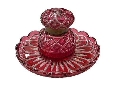 Ruby overlay glass inkwell, 16cm diameter.