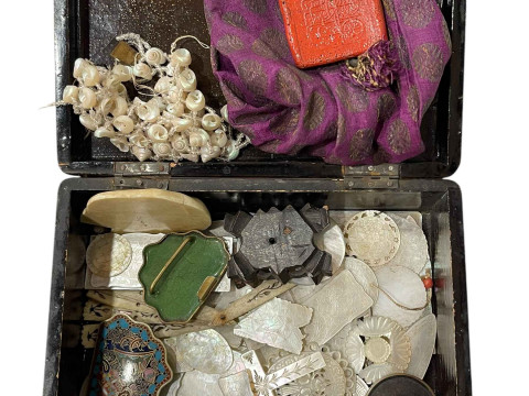 Box with Chinese mother of pearl counters, Cloisonné buckle, etc.