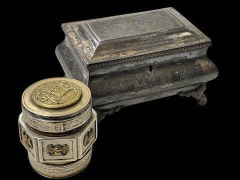 Chinese cylindrical bi-metal box and silver plated casket (2).