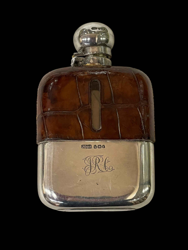 Late Victorian silver and crocodile skin hip flask, 1895.