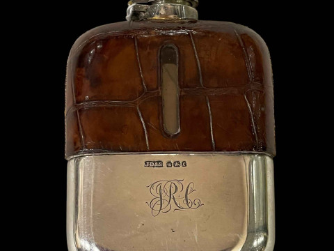 Late Victorian silver and crocodile skin hip flask, 1895.