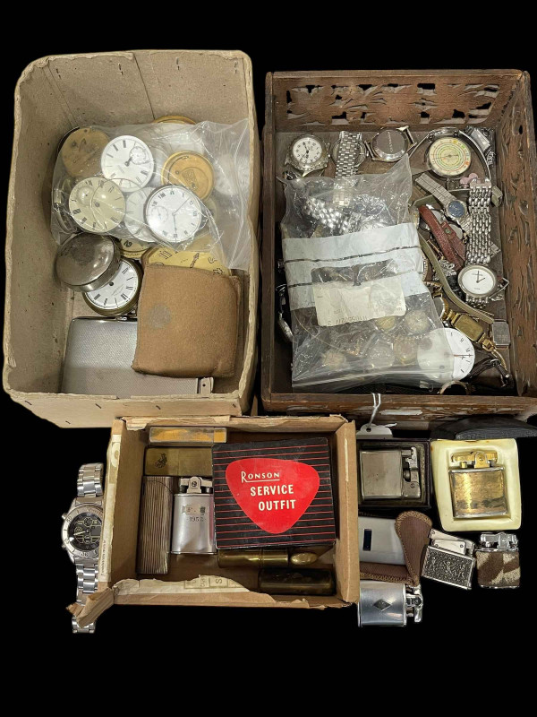 Collection of wristwatches, pocket watches, lighters, etc.