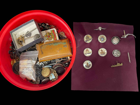 Collection of buttons, sweet heart brooches, enamels, etc.